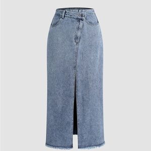 Asymmetrical Button Pockets Slit Denim Maxi Skirt